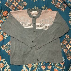 Woolrich Womens XL Scenic Embroidered Cardigan Ramie Cotton Cottagecore